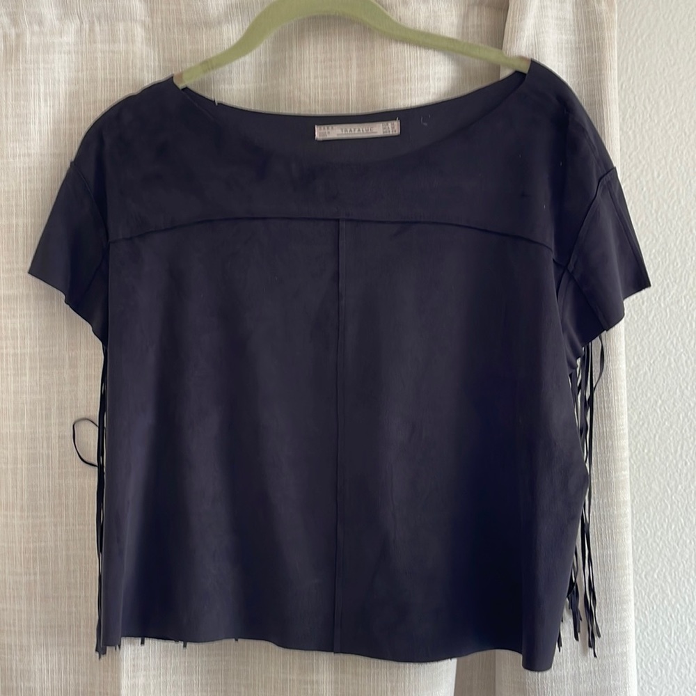 Suede navy crop top with fringe